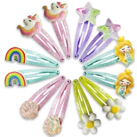 12 Pcs Girls Unicorn, Rainbow, Shell, Mermaid Hair Clips | Snap Clips with Cute Flower Pattern Barrettes Hair Pins Sparkly Hair Accessories for Toddler Little Girl Birthday Party Gifts