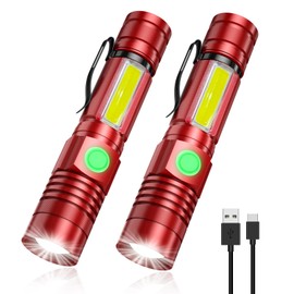 Vnina Rechargeable Tactical Flashlight, USB Magnetic Flashlights with COB Flash Light - 4 Models, Zoomable, Waterproof, LED Tactical Flashlight High Lumen Bright for Indoor Outdoor Camping 2 Pack Red