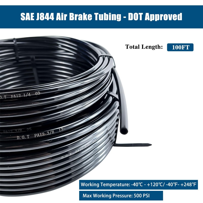 3/8" Black Nylon Air Line Tubing - 100 FT Air