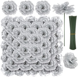 LELEE - Cabeza de rosas artificiales con tallo, 108 flores artificiales plateadas a granel, flor falsa de rosa de seda para ramo de boda, fiesta, decoración del hogar, bricolaje, centros de mesa de