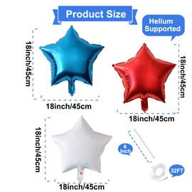 18 Pieces 18 Inches Red White Blue Stars Balloons, USA Themed Aluminum Foil Balloons for 4th of July, Independence Day Patriotic Birthday Party Decorations