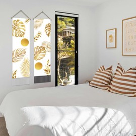 AHANDMAKER Pack of 2 Gold Botanical Tapestry, Boho Leaves Modern Gold Botanical Plant Vertical Long Aesthetic Tapestry, Doorway Curtain Tassel Wall Hanging for Bedroom Living Room, 13 x 51 Inch