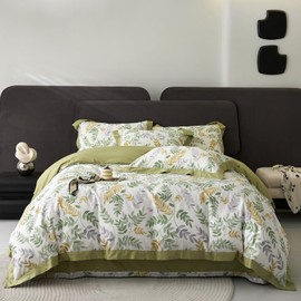 Vintage Floral Leaves Duvet Cover Twin Soft Cotton Sage Green Floral Comforter Cover Garden Style Aesthetic Botanical Duvet Cover with Zipper Ties Room Decor Tropical Leaf Cottagecore Bedding Set