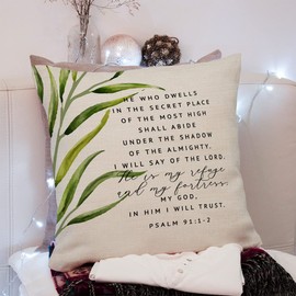 KongMoTree Bible Verse Throw Pillow Case, Blessing Gift, Scripture Art, Scripture Sayings, Bible Quote, Psalm 91:1-2, Church Gifts, Sofa Bed Living Room Porch Decoration, 18x18 Inch(GMS750)