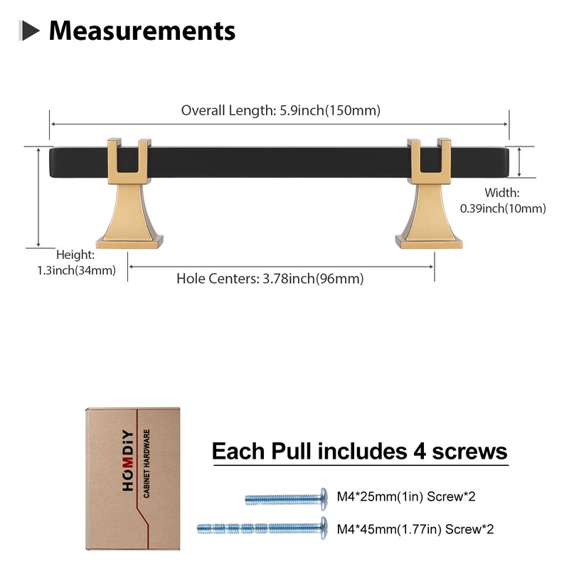 homdiy 6 Pack 3-3/4 inch Black and Gold Cabinet Pulls
