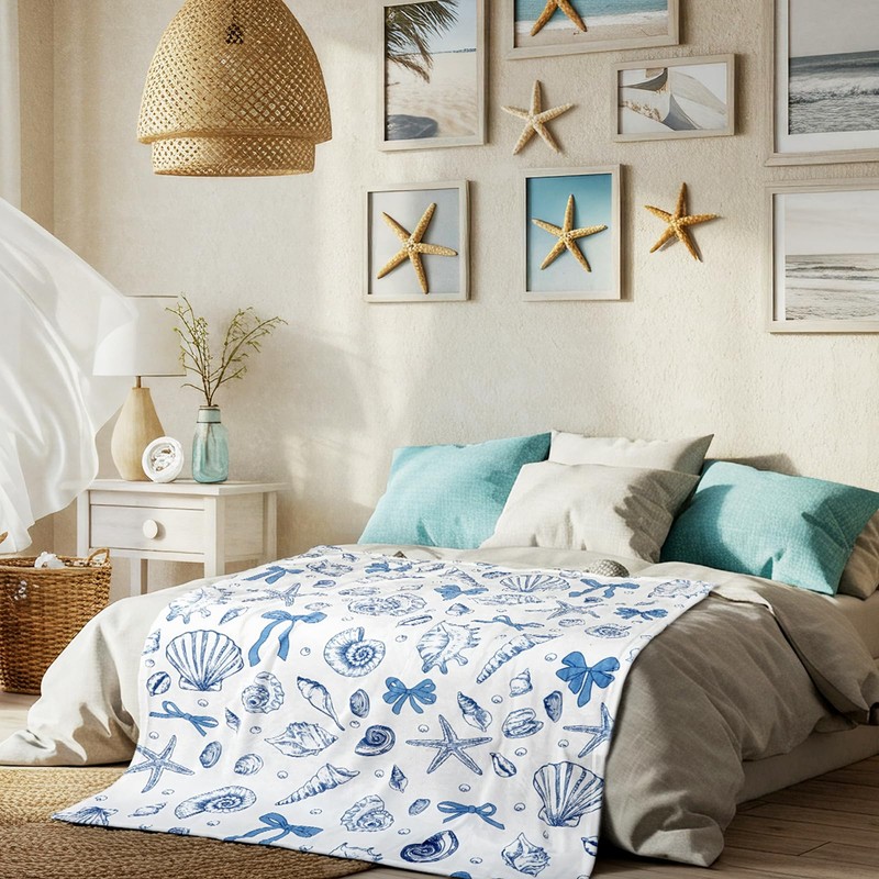 Breling Coastal Ocean Beach Throw Flannel Blanket Blue Seashells Cozy