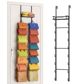 Over The Door Purse Organizer - Wall Mounted Purse Rack with 16 Hooks and Metal Basket, Handbag Hanger Organizer Holds up to 16 Bags, Bag Rack Can Use As 1/2 Part, for Door, Closet