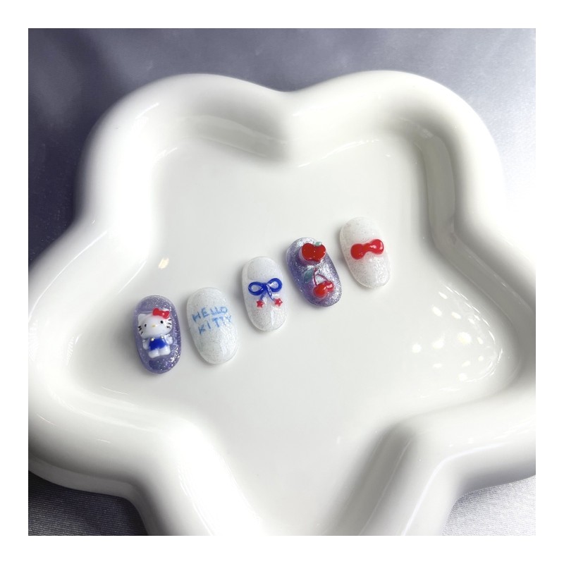 [Premium Handmade Nail Tips] Blue Ribbon Cat Nails - Round