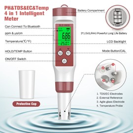 Ehomfy PH Meter Bluetooth 4 in 1 PH Value Meter Pool Tester pH TDS EC Temperature pH Meter (ATC) with High Accuracy Digital Pool Water Tester with LCD Display for Pools Water