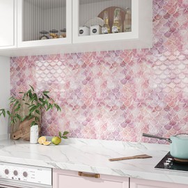 VEELIKE 12 Sheets Fish Scale Backsplash Tiles Peel and Stick Wall Tiles Pink Stick on Tile Backsplash for Kitchen Bathroom 12''x12'' Waterproof Adhesive Backsplash Tiles for Laundry Room Fireplace