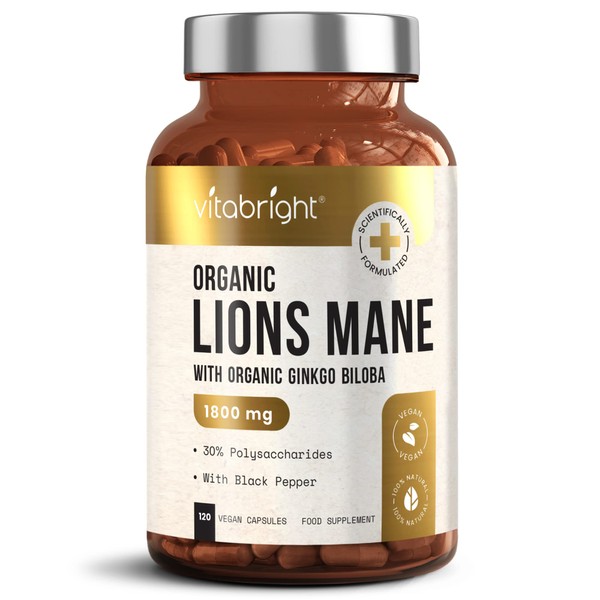 Organic Lions Mane Mushroom Complex - 12:1 Extract Ratio Equivalent to 1800mg - 120 Capsules (4 Month Supply) - with Ginkgo Biloba and Black Pepper - Memory, Brain Health - Made in UK by VitaBright