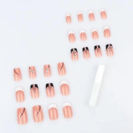 ANDGING French Tip Press on Nails Black Square Short Medium Fake Nails with Black White Contrast Rhinestone Design Glue on Nails Acrylic False Nails for Wedding Birthday 24Pcs Stick on Nail with Glue
