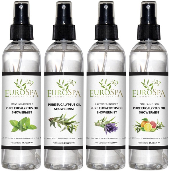 EuroSpa Aromatics Pure Eucalyptus Oil ShowerMist and Steam Room Spray, All-Natural Premium Aromatherapy Essential Oils - Variety 4 Pack - 8 oz Each