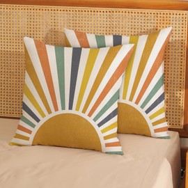 GOLIANDA Boho Pillow Covers 20x20 Set of 2 Stripes Colorful Yellow Sunshine Decorative Pillow Cases Summer Rainbow Sun Outdoor Cushion Cover Cute Farmhouse Linen Decor Throw Pillows for Couch Sofa