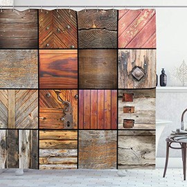 Ambesonne Antique Shower Curtain, Assortment of Different Wooden Architecture Elements Timber Door Key Print, Cloth Fabric Bathroom Decor Set with Hooks, 84" Long Extra, Chocolate Brown