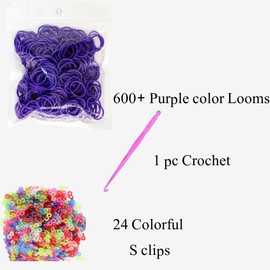 Tuilful 600+ Purple Loom Bands Refill Pack with Hook Tool and Colorful S Clips Art Craft Refills for DIY Bracelet Making Refill Kit (600+)