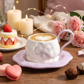 KERHAND Purple Ceramic Mug and Saucer Set with Bow and Butterfly 9oz