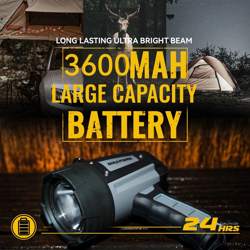Durapower Rechargeable Spotlight, IP68 Waterproof Super Bright Handheld Spotlight, High