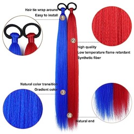 2 Pack Braid Ponytail Extension with Elastic Tie Straight Sleek Wrap Around Braid in Extensions Red Blue Contrast 26 Inch Hair Ponytail for Women (Red