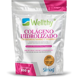 Wellthy Colágeno Hidrolizado, Vitamina C y Magnesio Marino 330g. Colágeno Español 100% Natural, Magnesio Marino Fránces 377mg, Toma Diaria de Magnesio Garantizada, Sin Sabor, Sin Azúcar, 30 porciones por envase. Bottle Free.