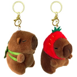 Electrilucn 2Pcs Small Capybara Plush Doll keychain with Strawberry Hat and Turtle Backpack for Gifts Cute Capybara Stuffed Animal for Children Capybara Toys for Birthday Gifts