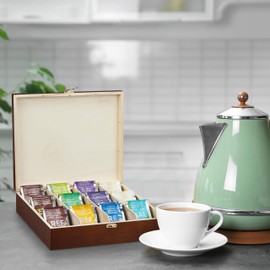 Relaxdays Tea Box, 12 Compartments, Wood, Organiser for Tea Bags and Coffee Pods, Large Tea Box HBT: 7.5 x 29 x 26 cm, Brown, 10032166, Dark Brown