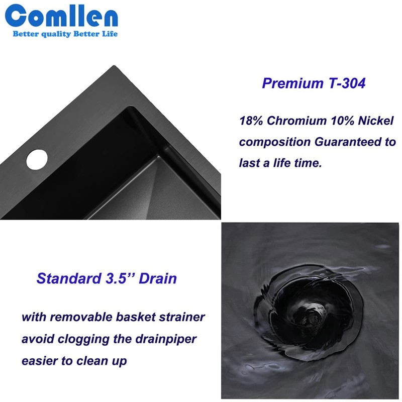 Comllen 15”x15” Black Drop In Bar Sink, Stainless Steel Small