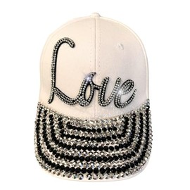 Popfizzy Love Baseball Cap for Women and Girls, Adult Bedazzled Rhinestone Hat, Bling Love Gifts, Adjustable, One Size, White