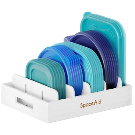 SpaceAid Bamboo Lid Organizer, Kitchen Pantry Lid Holder with 5 Adjustable Dividers for Cabinets, Food Storage Container Organizer for Plastic Lids, Includes Blank Writable Labels (White)