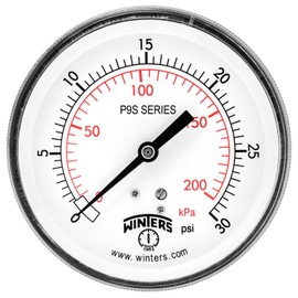 Winters P9S 90 Series Steel Pressure Gauge with Removable Lens, 0-30 psi/kpa, 3-1/2" Dial Display, +/-2-1-2% Accuracy, 1/4" NPT Center Back Mount