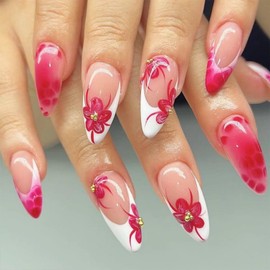 Flower Press on Nails Almond Medium Fake Nails French Tip False Nails with Designs Pink Floral Glue on Nails Glossy Full Cover Acrylic Artificial Stick on Nails for Women Manicure 24 Pcs