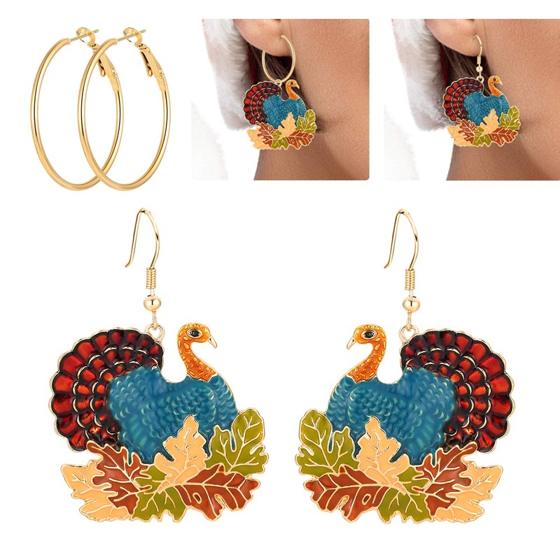Christmas Thanksgiving Turkey Maple Leaf Drop Dangle Earrings for Women,