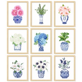 97 Decor Chinoiserie Decor - Chinoiserie Wall Art Prints, Blue White Porcelain Vase, Chinese Blue and White Ginger Jar, Chinoiserie Artwork Flower Picture for Home Bedroom Decorations (8x10 UNFRAMED)