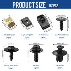 160 Sätze Blechmutter Schraube Mutter Clip Kit, Karosserieschrauben Set Metall U Typ Befestigungsclips Auto Body Undertray Fender Schrauben für Befestigen Reparieren Autoteil