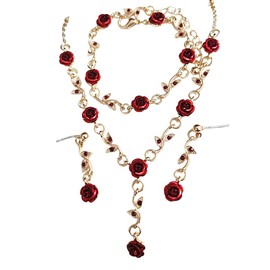 Azusa Sun 3Pcs Rose Red Jewelry Red Flower Necklaces for Women Red Rose Flower Dangle Earrings Rose Bracelet Prom Jewelry Sets for Bride Wedding Jewelry Gift - Red