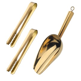 Stainless Steel Ice Scoop and Ice Tongs Small,Set of 3 Round Bottom Bar Ice Utility Scoop, 6 Inches Serving Tongs with Teeth for Large Cubes, Freezer, Ice Bucket，Beach, Party, Bar (Gold)
