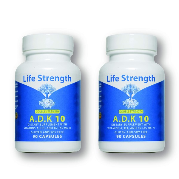Life Strength ADK 10 Supplement (180 Count) - Physician Formulated Vitamins A1, D3 & K2 (as MK7) for Bone Health - Immune System Support - Gluten Free, Soy Free, Non-GMO - 90 Capsules