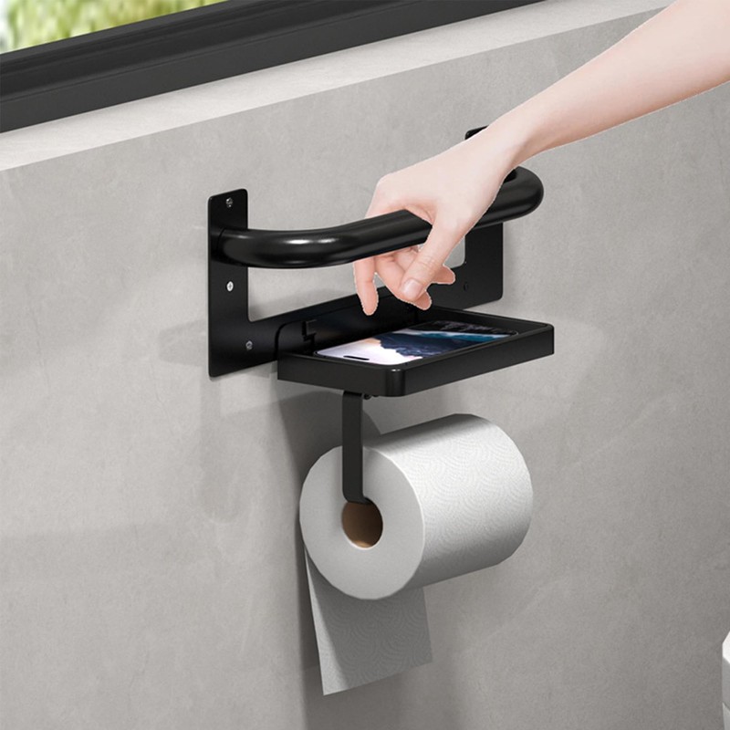 Toilet Paper Holder with Assist Bar - Matte Black Bathroom