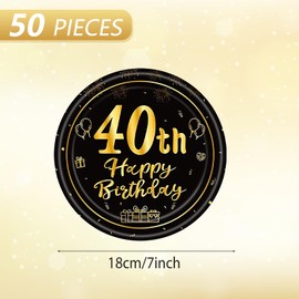 50Pcs 40th Birthday Decorations for Men Women,7Inch Black Paper Plates,40 Year Old Party Tableware Set Black Gold 40th Party Disposable Plates丨40 Years Old Birthday Decorations Supplies,Serves 50