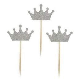 Shiningparty 25 Pack Silver Glitter Crown Cupcake Toppers for Birthday Party Baby Shower Decoration