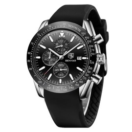 BENYAR Classic Fashion Quartz Chronograph Watch Casual Sport 30M Waterproof Leather Band Mens Watches (Rubber Silver Black)