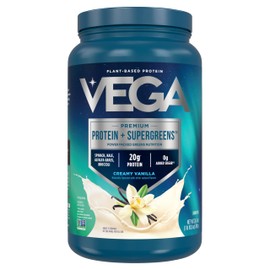 Vega Premium Protein + Supergreens - 20g Protein, Creamy Vanilla, 25 Servings, Spinach,Kale, Alfalfa Grass, Broccoli, 0g Added Sugar, Non-GMO, Gluten Free, Dairy Free, 1.68 lbs (Packaging May Vary)