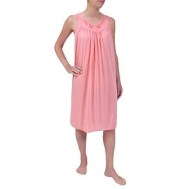 Miss Elaine Nightgown - Women's Short Nylon Tricot Gown, Sleeveless Gown with Petal Embriodery at Round Neck (Large, Coral Ice)