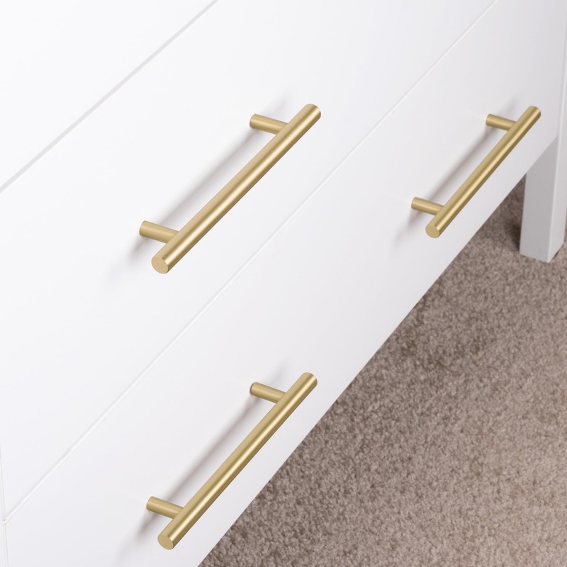 QOGRISUN 5-Pack Solid Brass Cabinet Pulls, Gold Euro Stvle T-Bar