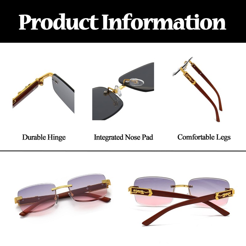 LJCZKA Vintage Rimless Rectangular Sunglasses Men Women Retro Small Square