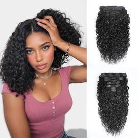 CindiRiver Curly Clip in Hair Extensions,Real Human Hair Water Wave Clip in Hair Extensions for Women,Remy Human Curly Clip ins Human Hair 8 Pcs with 20 Clips,16 inch