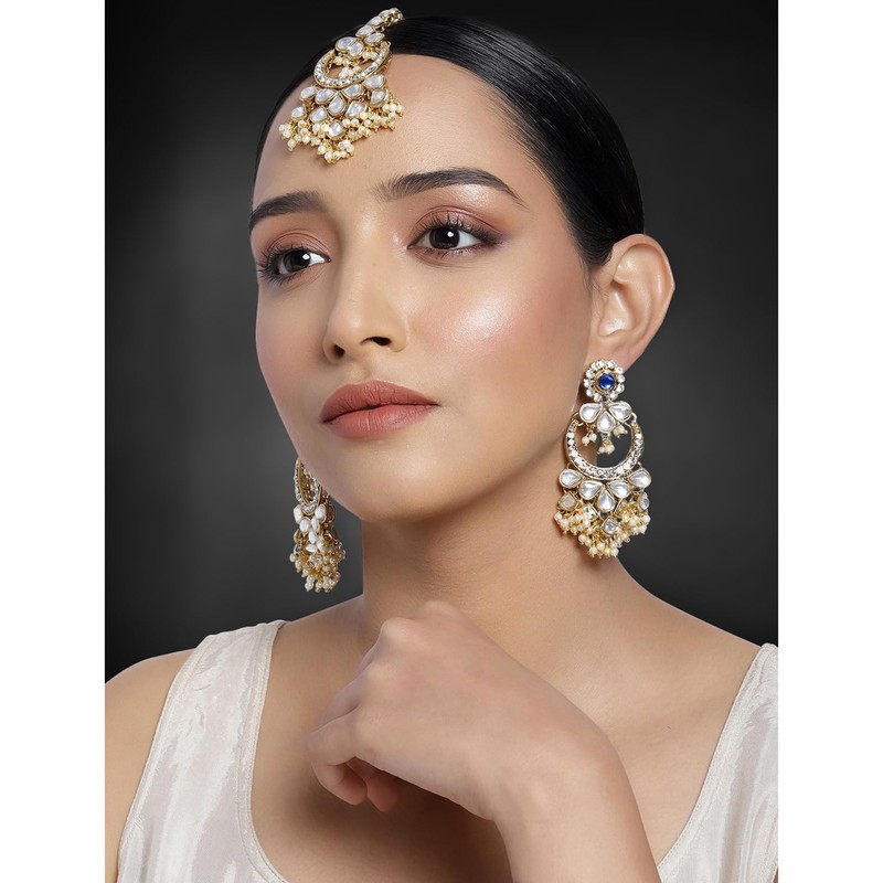 Aheli Kundan Pearl Chandbali Earrings with Maang Tikka Indian Traditional