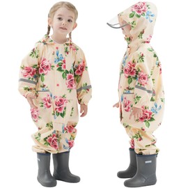 Children's Rain Suit Girls Boys Raincoats One Piece Rain Clothing Toddler Waterproof Rain Jackets Rain Jumpsuit Lightweight Hoodie Prints Rain Poncho 1-10 Years, beige