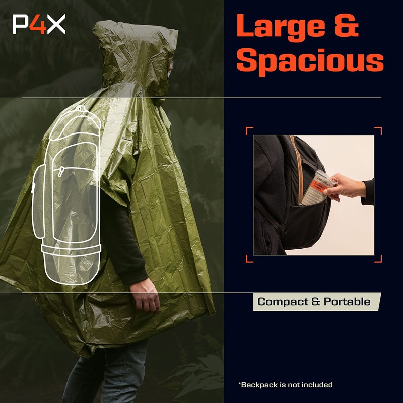 PREPARED4X Emergency Poncho with Mylar Blanket Liner – Heavy Duty,