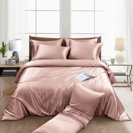 Ersmak 6 Pieces Satin Duvet Cover King Size Luxury Silky Bedding Duvet Cover Set with 1 Soft Duvet Cover, 4 King Pillowcases and 1 Body Pillowcase, Champagne